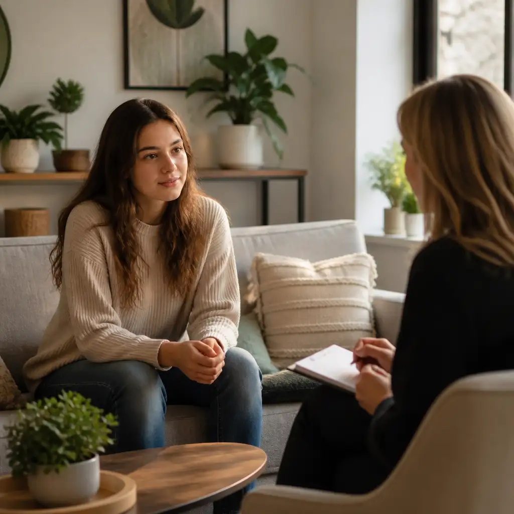 Young woman on sofa talking with another person holding notebook