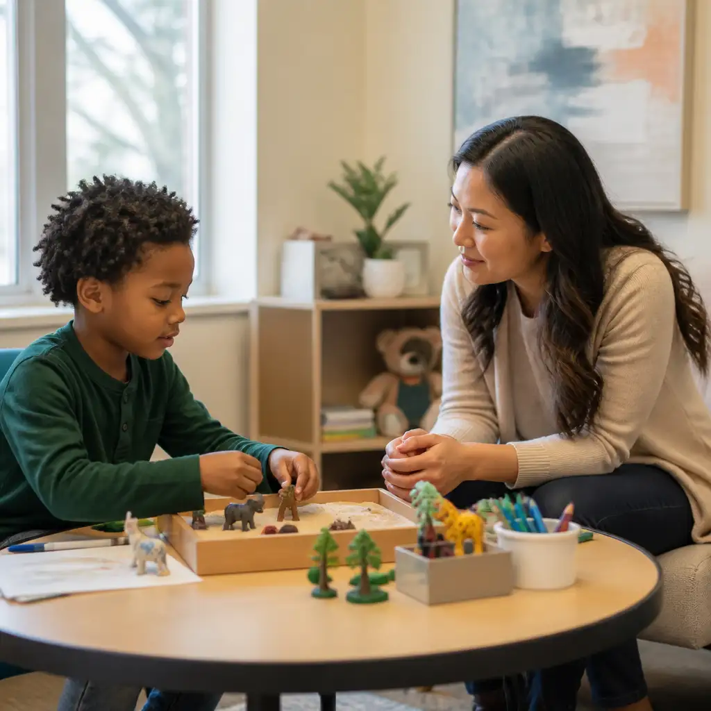 child and woman playing with toy animals on table