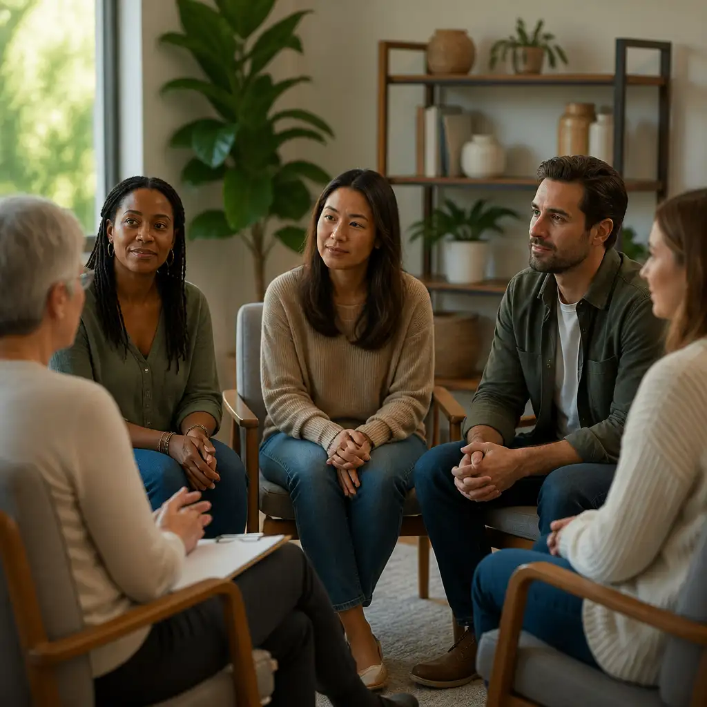 Diverse adults sitting in a small group discussion circle