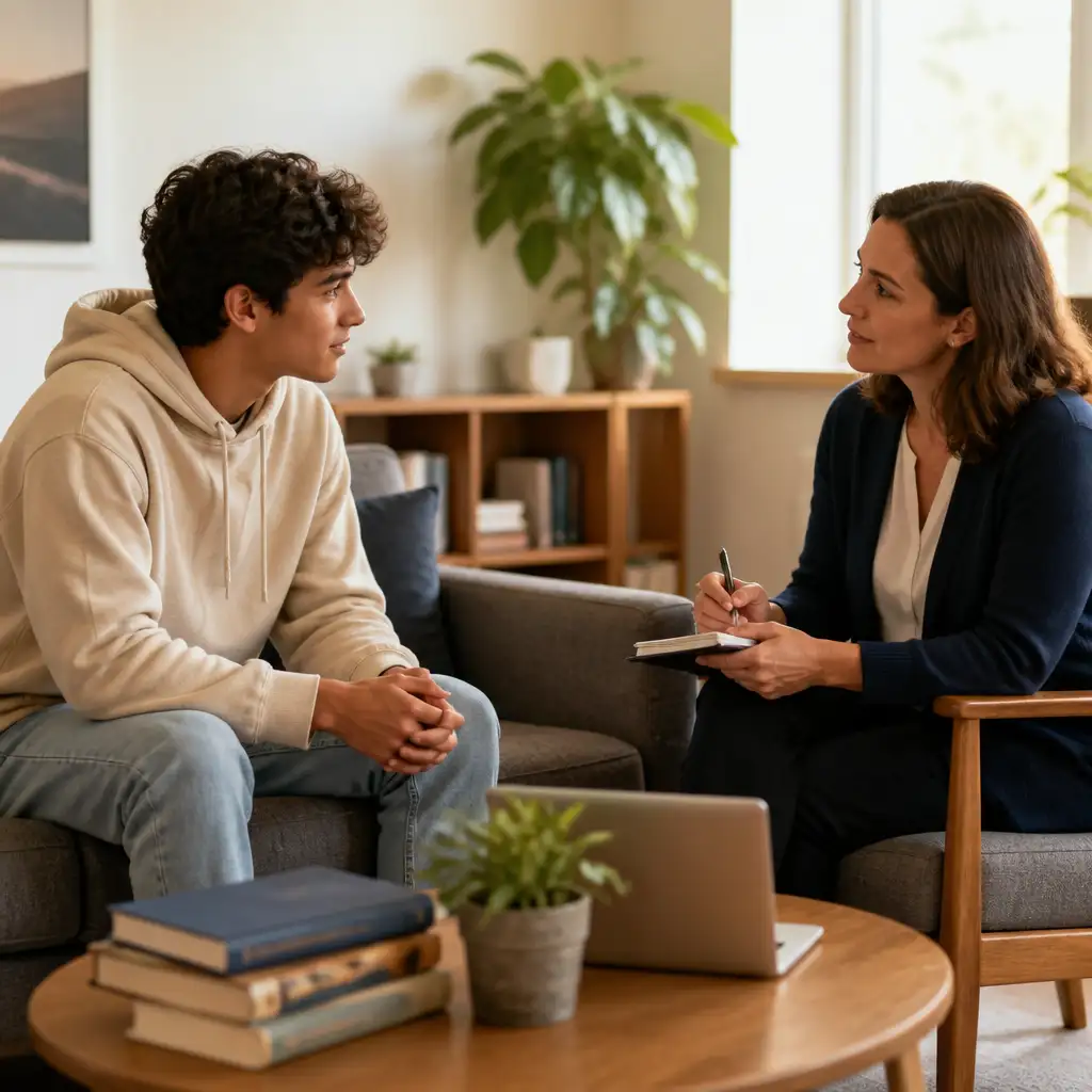 Young man and woman seated on sofas, books and laptop