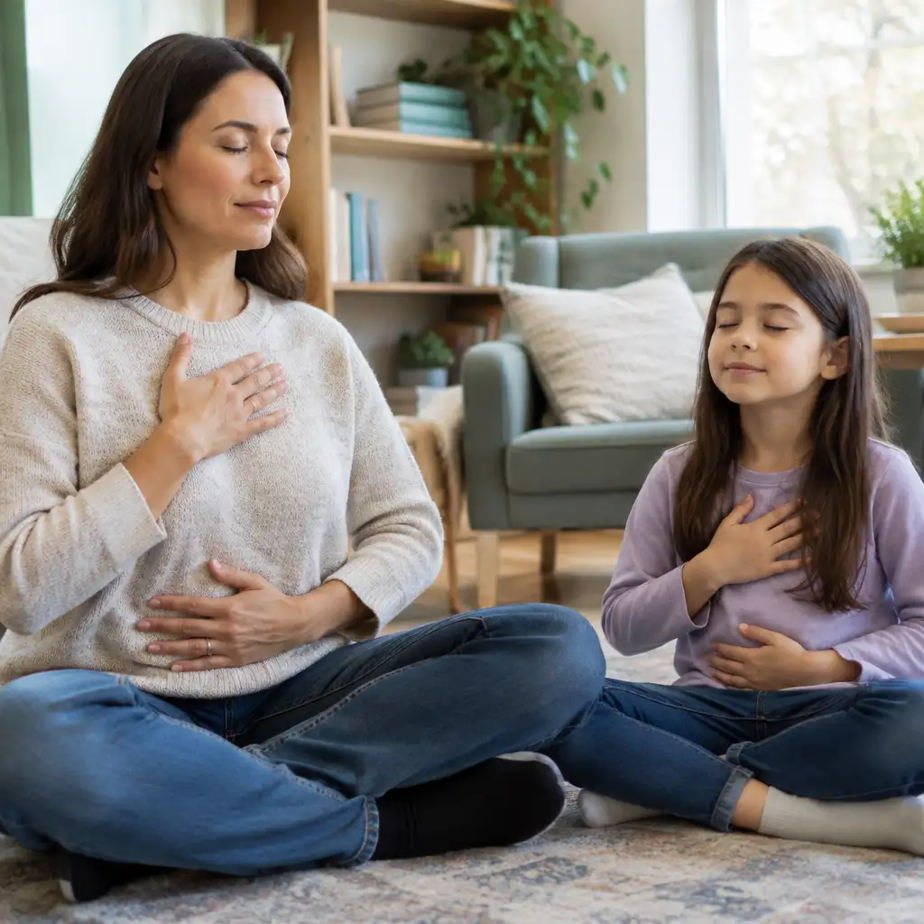 Woman and girl sitting cross-legged hands on chest and abdomen