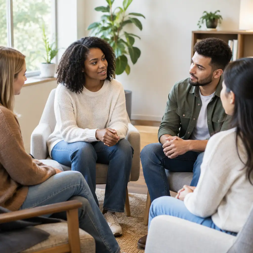 Four young adults seated in a circle talking