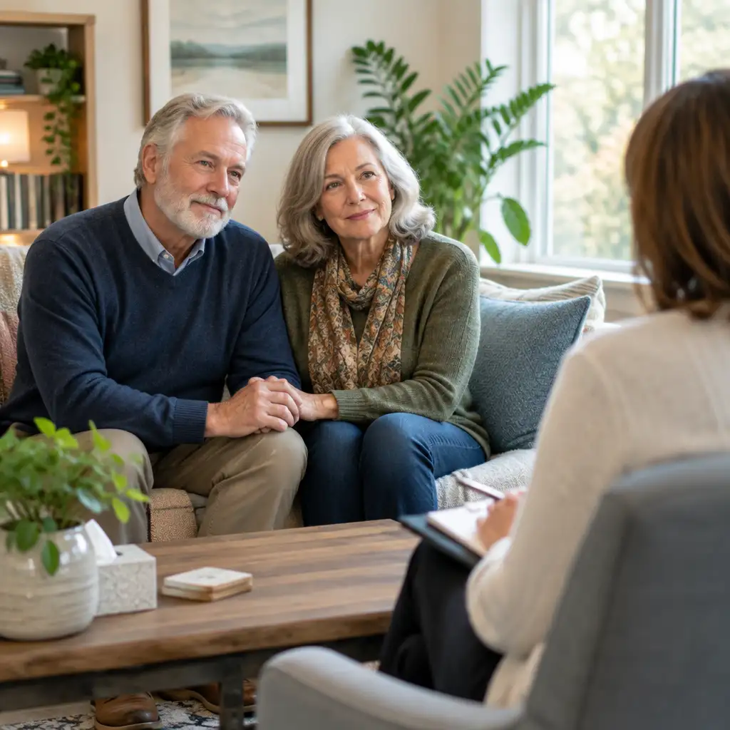 Older couple holding hands on couch across from therapist