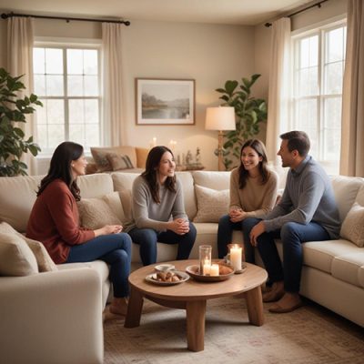 Group of people having a conversation in a cozy living room