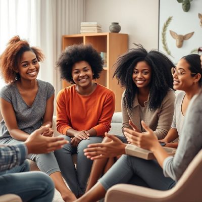 Group therapy session with diverse smiling participants
