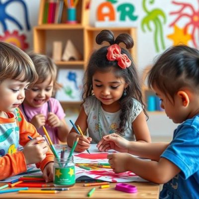 Young children drawing together during creative art therapy session.