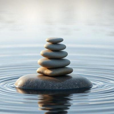 Balanced stones on water symbolizing calmness.