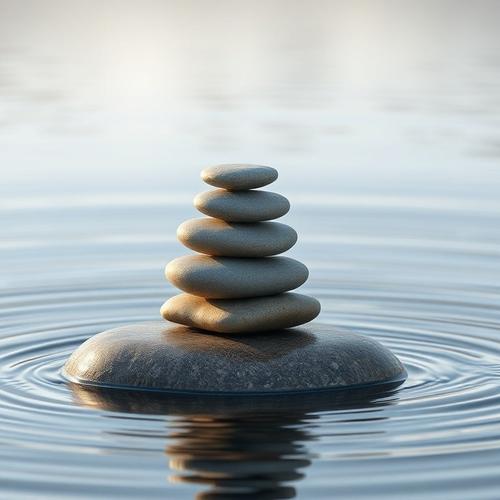 Balanced stones on water symbolizing calmness.