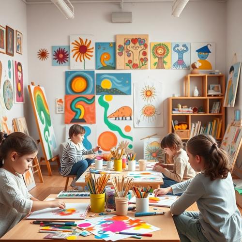 Children creating art during therapy session in colorful room