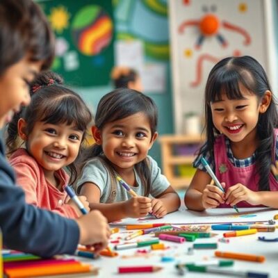 Smiling children creating art together