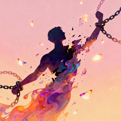 Abstract figure breaking free in vibrant colors