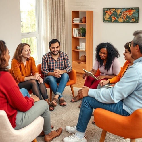 Diverse support group laughing together in a cozy room