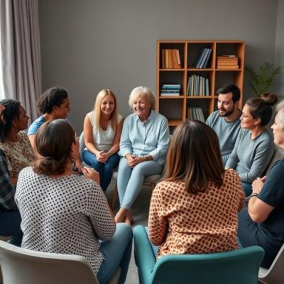 Diverse adults sitting in circle participating in supportive group therapy