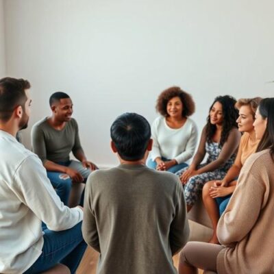 Support group sitting in a therapy circle