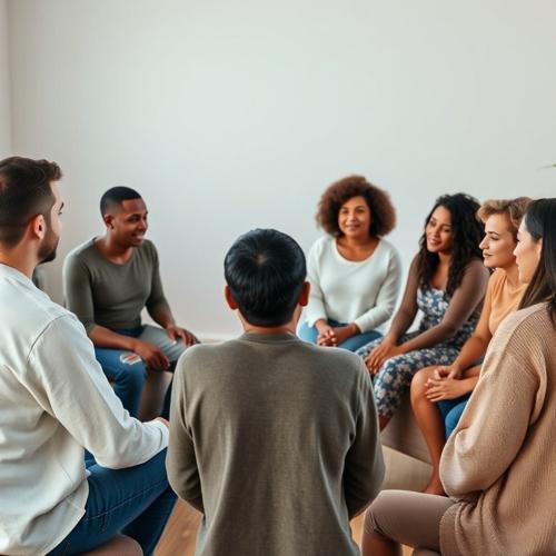Support group sitting in a therapy circle