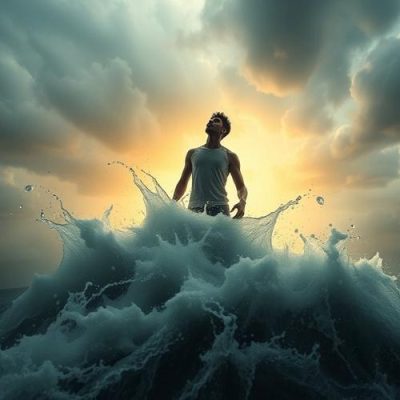 Man rising from ocean with stormy skies and sunlight.