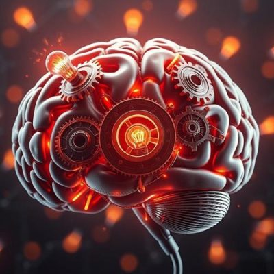 Mechanical brain illustration with gears and glowing light bulb concept