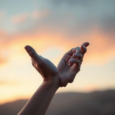 Hands gently reaching upward at sunset