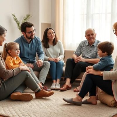 Family gathered in living room during a supportive counseling session