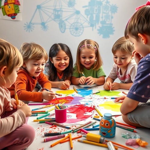 Happy children drawing together around a colorful art table